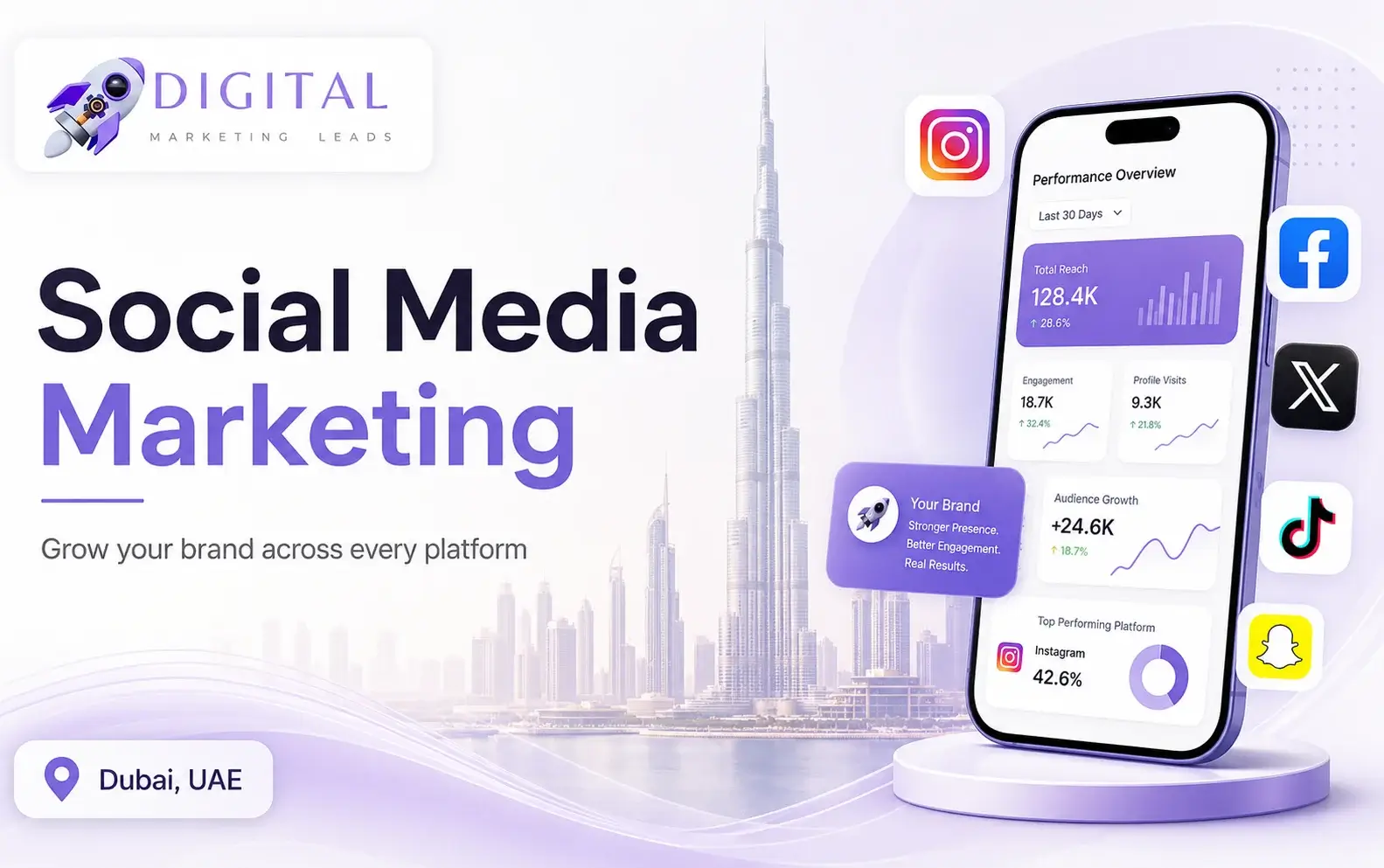 Social media marketing dashboard showing Facebook, Instagram, X, TikTok, Snapchat and video marketing services in Dubai